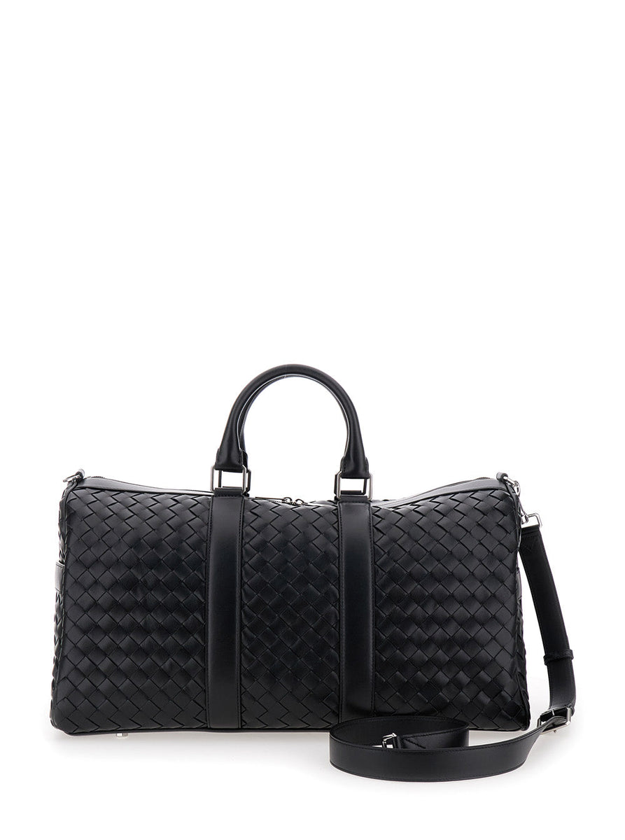 Bottega Veneta Bags? Bottega Veneta Men Black Travel Bag With Intrecciato Motif And Shoulder Strap In Leather Man Premium Designer Shoulder Bag