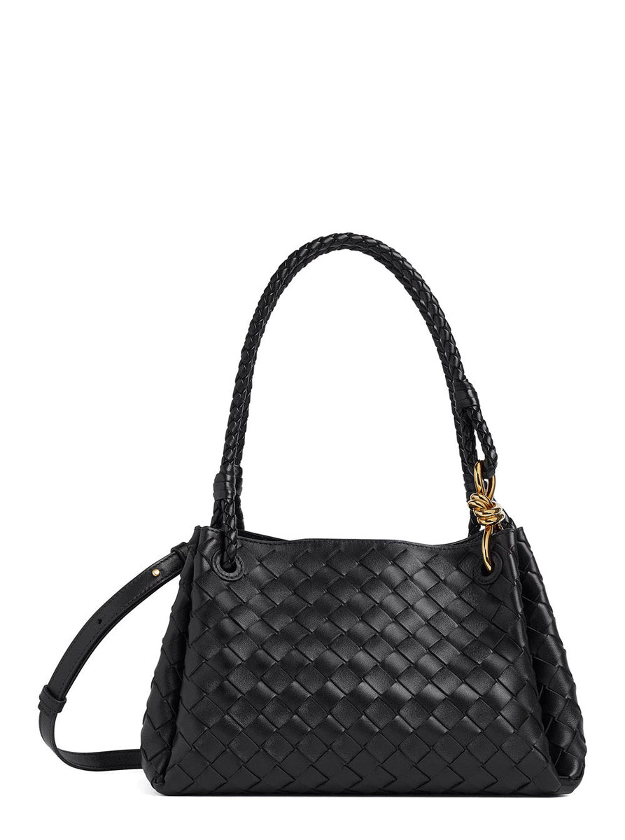 Bottega Veneta Bags? Bottega Veneta Women 'Parachutte' Black Shoulder Bag With Knot Detail And Intrecciato Motif In Leather Woman Premium Designer Shoulder Bag