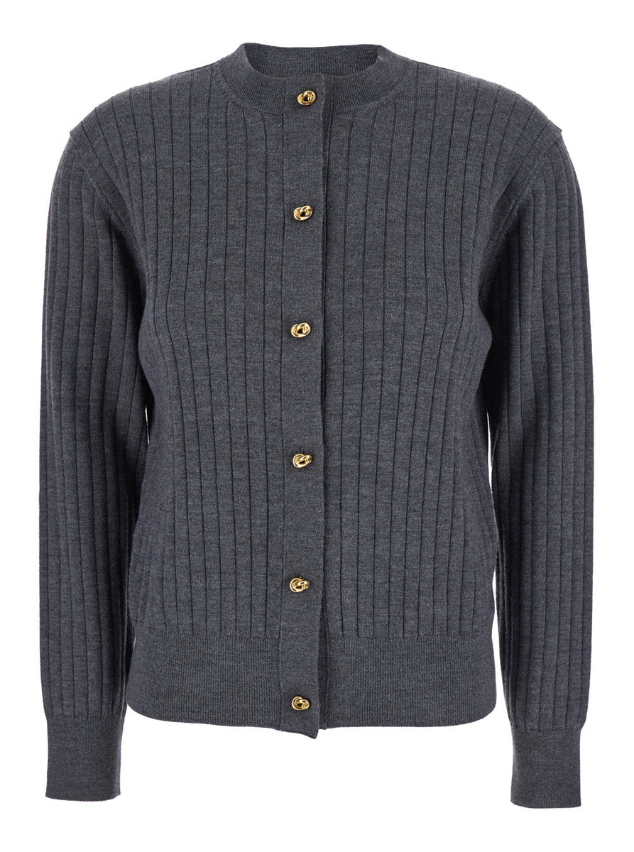 Bottega Veneta Sweaters? Bottega Veneta Women Grey Crewneck Cardigan With Knot Buttons Closure And Ribbed Knit In Wool Woman Premium Casual Designer Knitwear