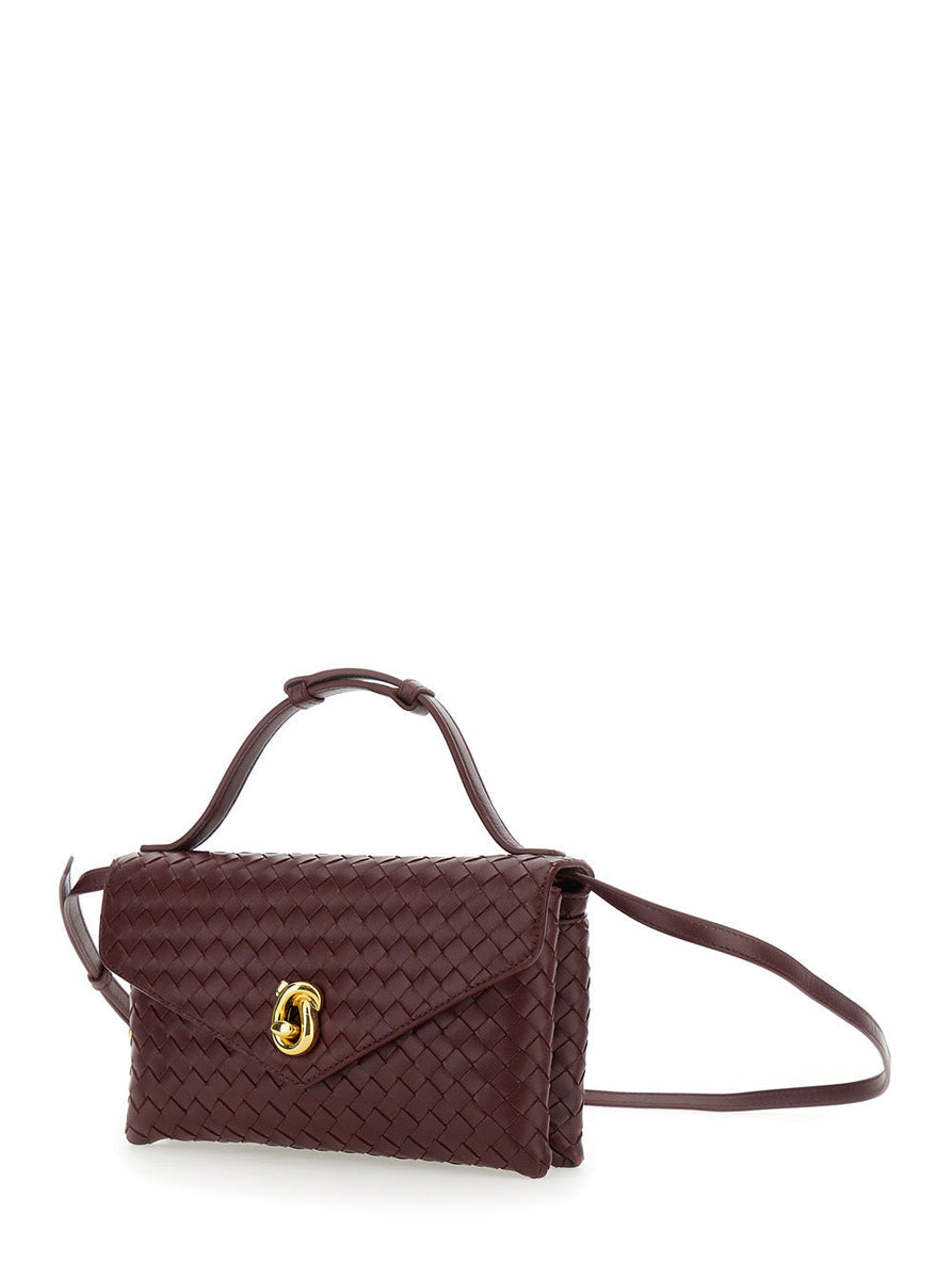 Bottega Veneta Bags? Bottega Veneta Women 'Knot Lock' Bordeaux Crossbody Bag With Intreccio Motif And Metal Knot Closure In Leather Woman Premium Designer Shoulder Bag