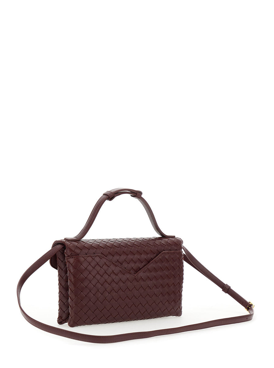 Bottega Veneta Bags? Bottega Veneta Women 'Knot Lock' Bordeaux Crossbody Bag With Intreccio Motif And Metal Knot Closure In Leather Woman Premium Designer Shoulder Bag