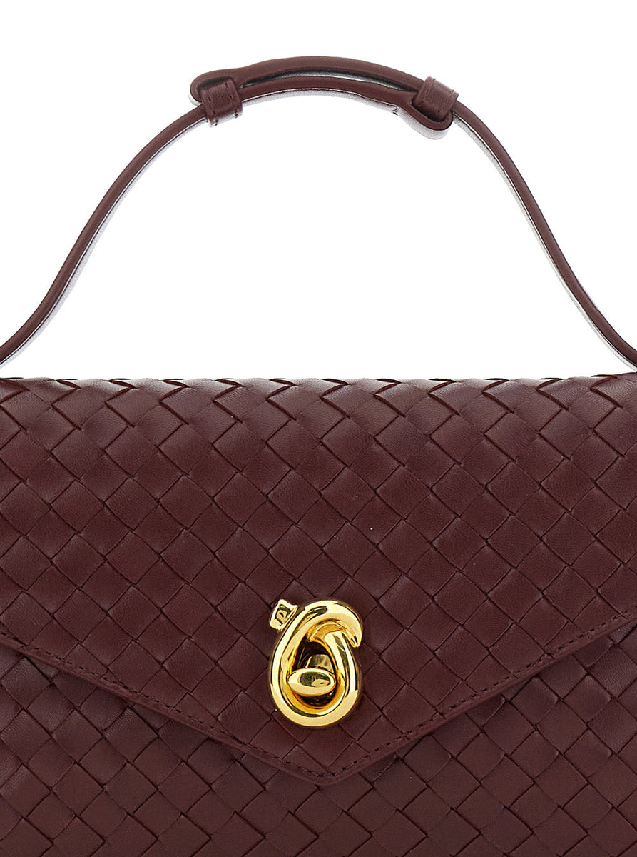 Bottega Veneta Bags? Bottega Veneta Women 'Knot Lock' Bordeaux Crossbody Bag With Intreccio Motif And Metal Knot Closure In Leather Woman Premium Designer Shoulder Bag