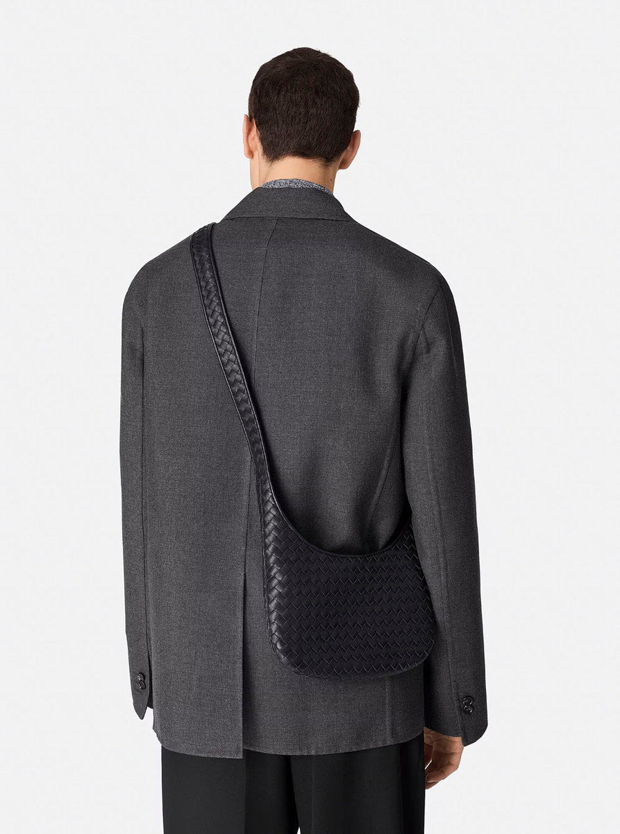 Bottega Veneta Bags? Bottega Veneta Men 'Veneto' Black Shoulder Bag With Fixed Shoulder Strap And All-Over Intrecciato Motif In Leather Man Premium Designer Shoulder Bag