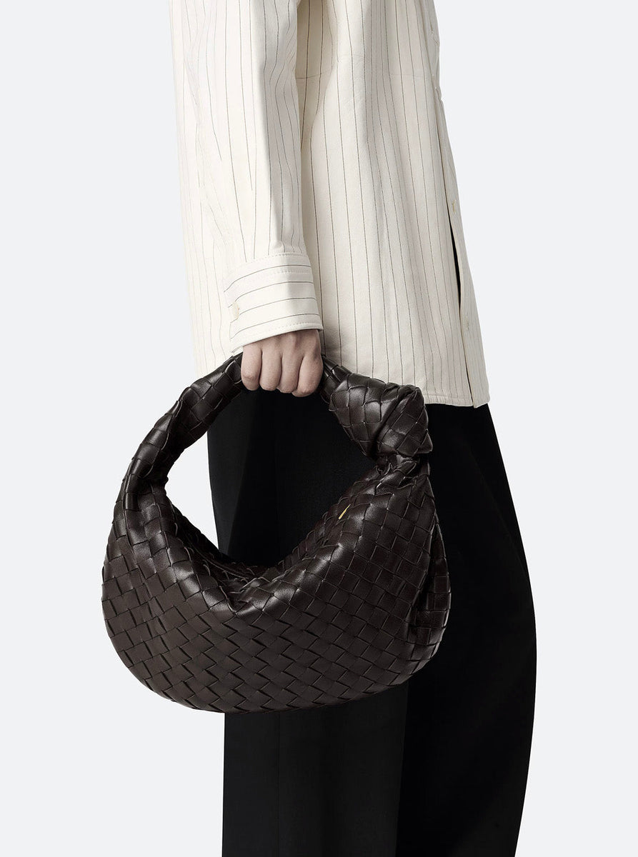 Bottega Veneta Bags? Bottega Veneta Women 'Jodie' Brown Small Shoulder Bag With Knot Detail And Intrecciato Motif In Leather Woman Luxury Designer Leather Handbag
