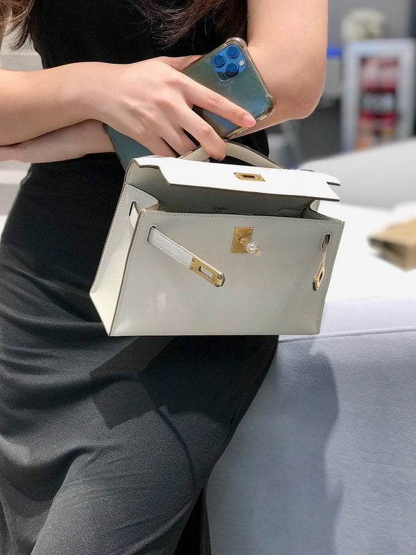 Side view of considered structured handbag