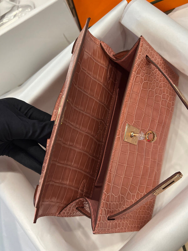 Side view of polished structured handbag