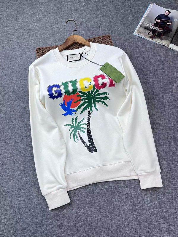 Front view of Gucci luxury clothing with signature branding
