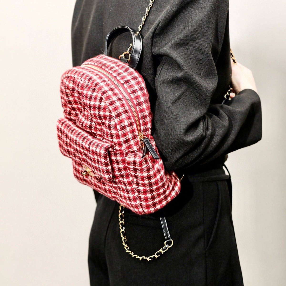 Front view of Chanel Tweed Backpack premium bag