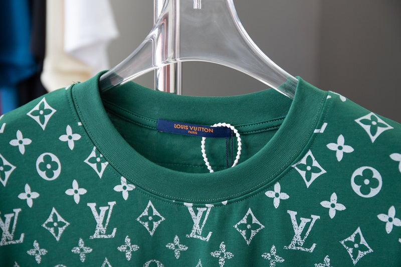 Close-up detail shot of Louis Vuitton cotton t-shirt with signature branding