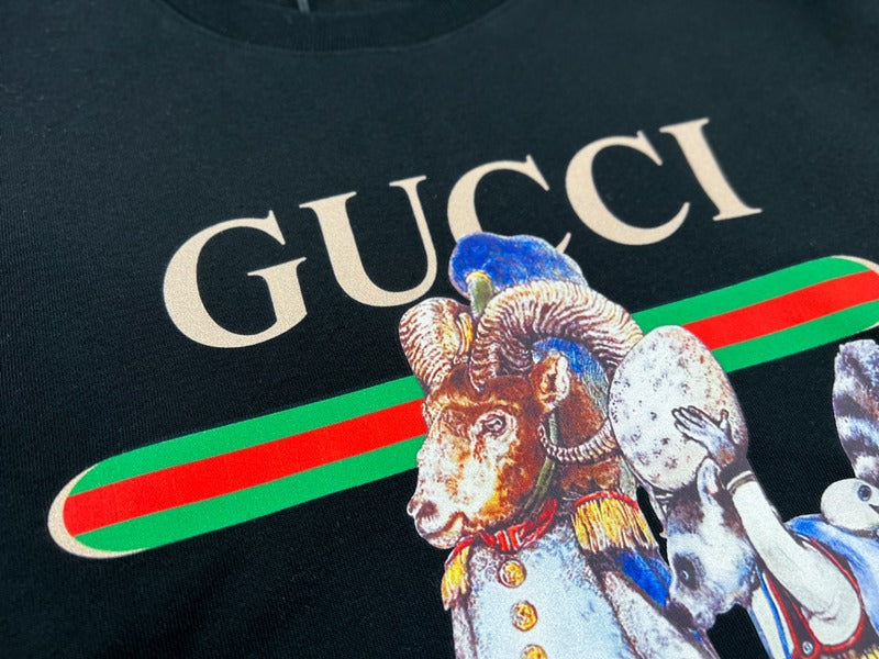 Back view of Gucci luxury clothing with signature branding