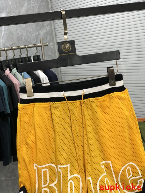 Close-up detail shot of Rhude luxury clothing with streetwear-inspired cut