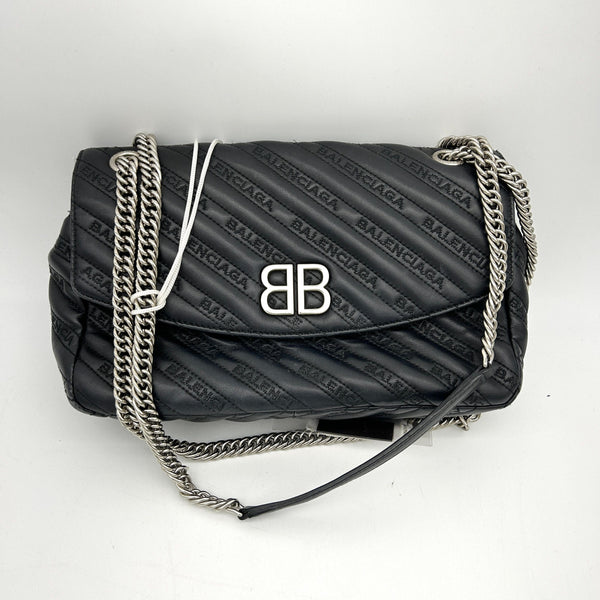 Balenciaga Calfskin Logo Matelasse S BB Round Shoulder Bag Black — Designer Shoulder Bag