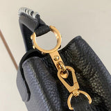 Handle and strap detail of polished structured women's handbag – women's luxury accessory