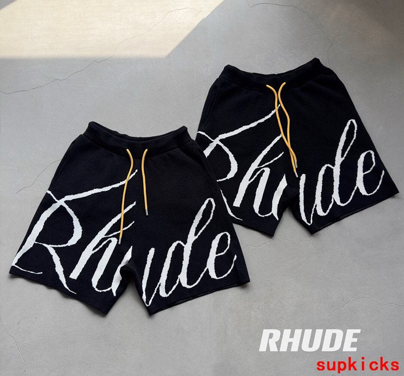 Close-up detail shot of Rhude luxury clothing with monogram-inspired silhouette