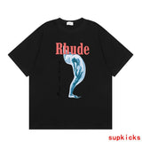 Side profile of Rhude luxury clothing with contemporary cut