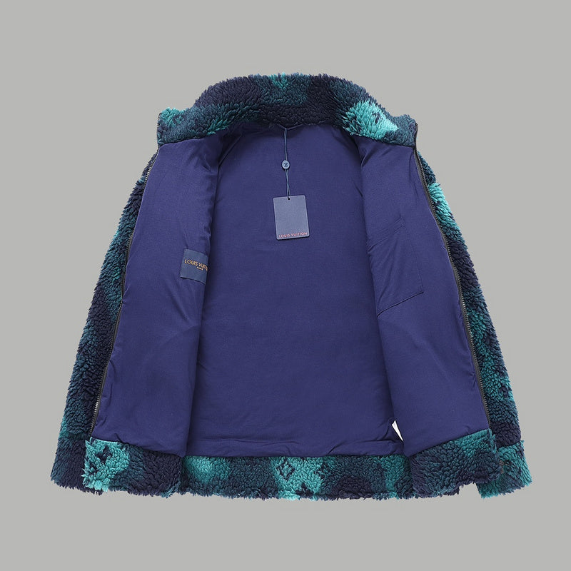 Close-up detail shot of Louis Vuitton luxury clothing with monogram-inspired silhouette