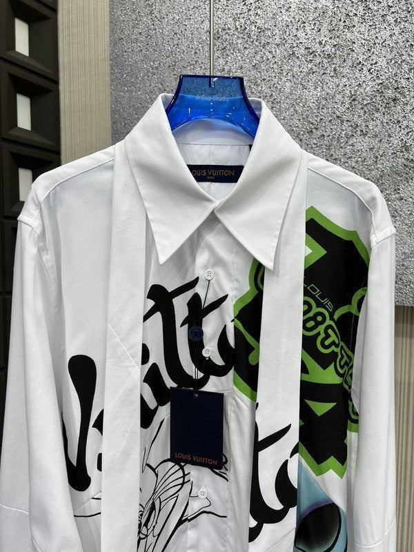Close-up detail shot of Louis Vuitton luxury clothing with streetwear-inspired cut