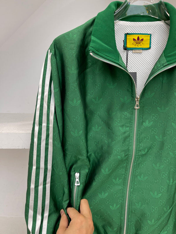 Close-up detail shot of Gucci luxury clothing with label-forward styling