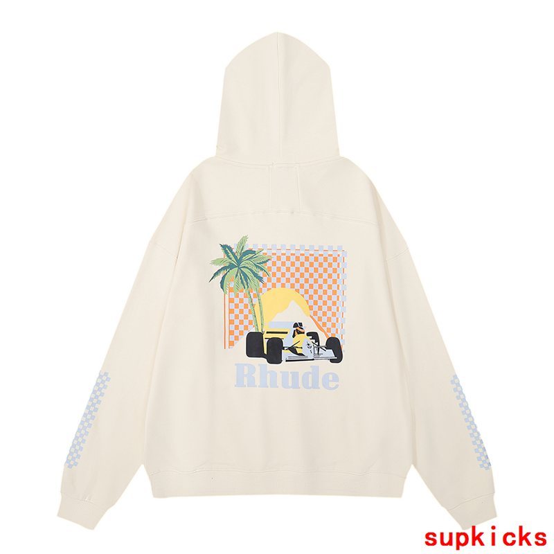 Side profile of Rhude luxury clothing with signature branding