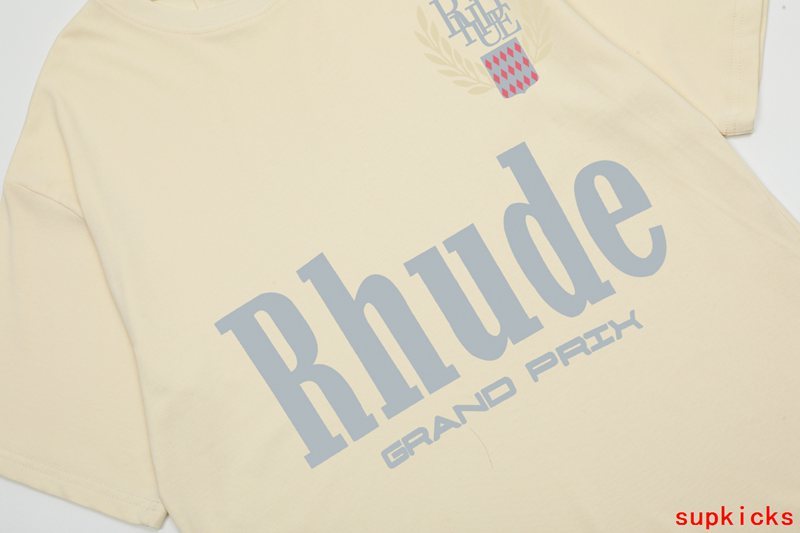 Back view of Rhude luxury clothing with signature branding