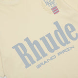 Back view of Rhude luxury clothing with signature branding