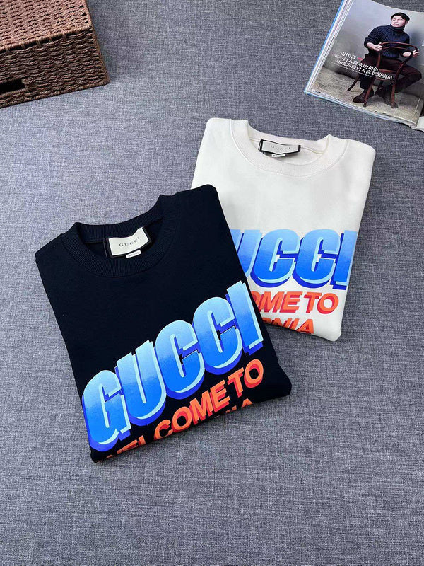 Back view of Gucci luxury clothing with signature branding