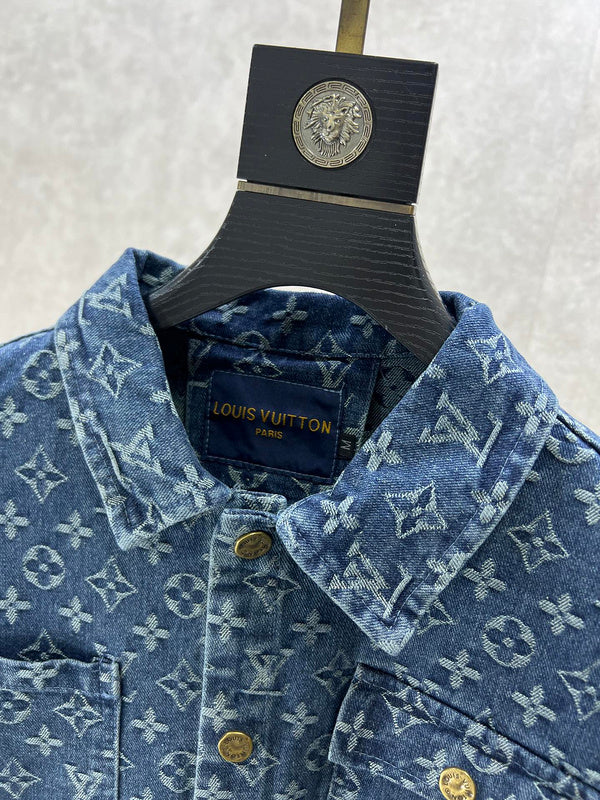 Close-up detail shot of Louis Vuitton luxury clothing with runway-inspired design