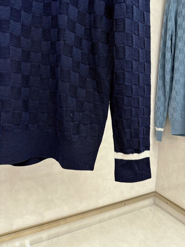 Front view of Louis Vuitton luxury clothing with signature branding