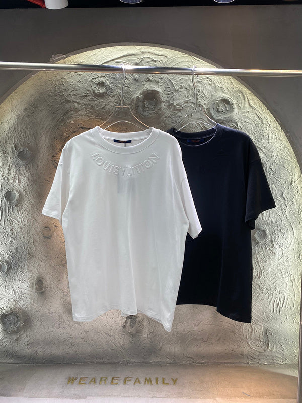 Close-up detail shot of Louis Vuitton cotton t-shirt with runway-inspired design