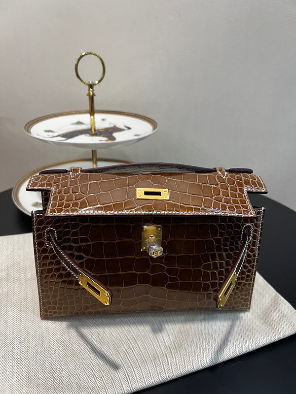 Side view of sleek structured handbag