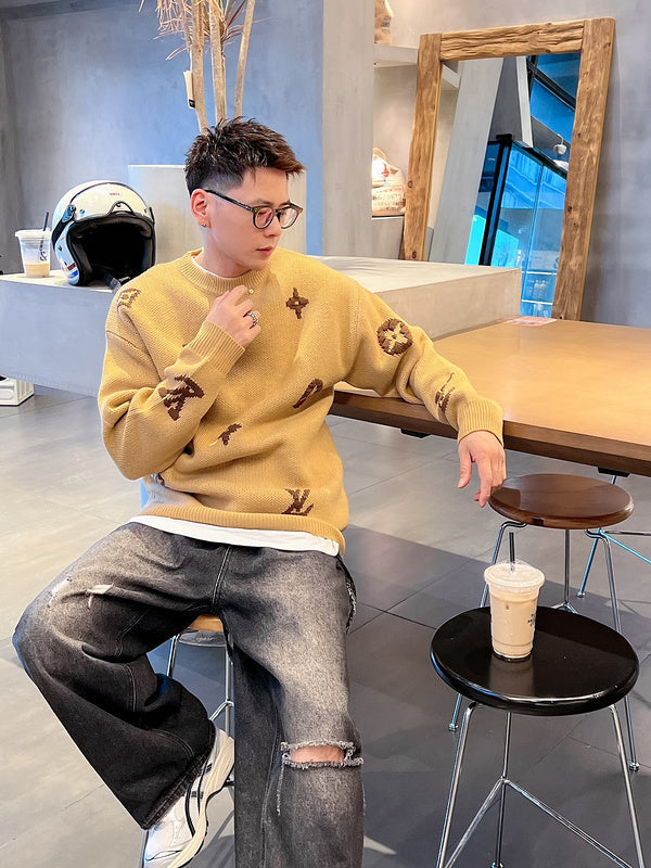 Full styled look of Louis Vuitton luxury clothing with signature branding