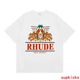 Front view of Rhude luxury clothing with monogram-inspired silhouette