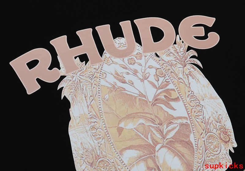 Close-up detail shot of Rhude luxury clothing with label-forward styling