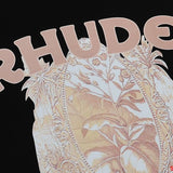 Close-up detail shot of Rhude luxury clothing with label-forward styling
