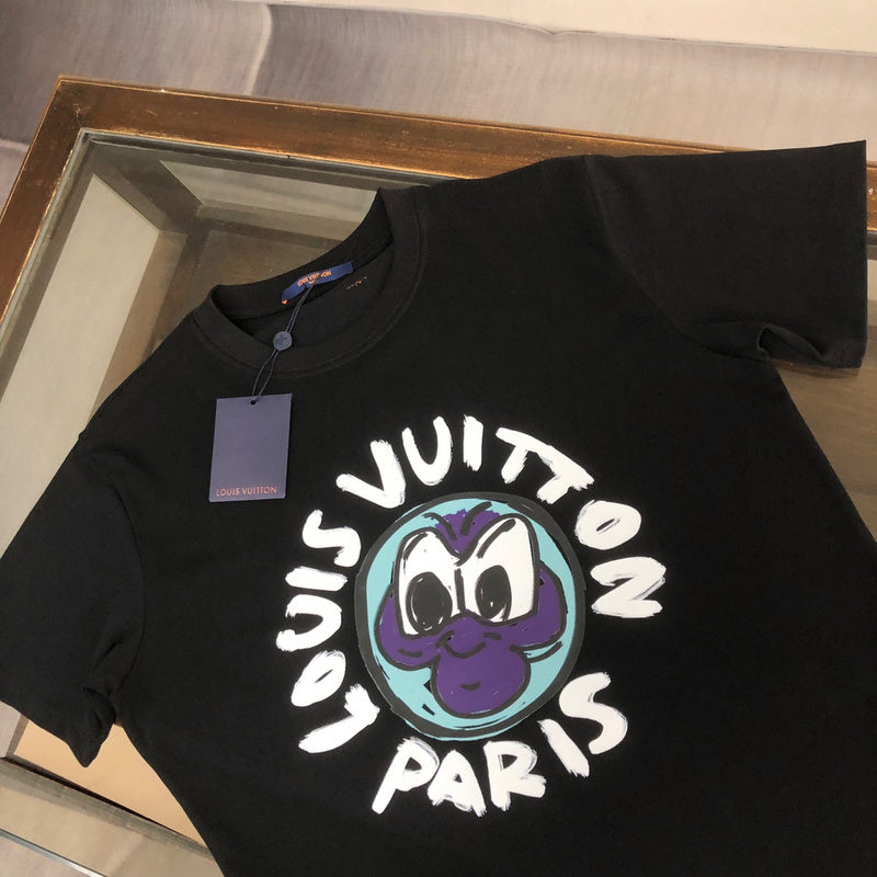 Close-up detail shot of Louis Vuitton cotton t-shirt with label-forward styling