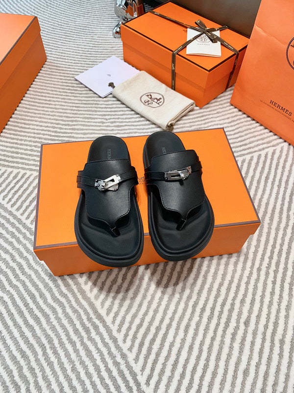 Hermès Black Gladiator Sandals - Front View