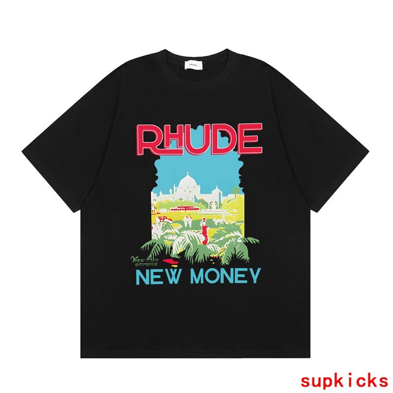 Side profile of Rhude luxury clothing with signature branding