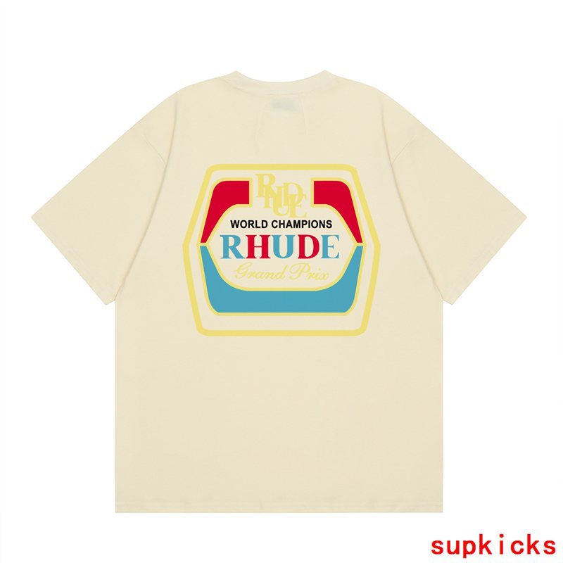 Front view of Rhude luxury clothing with signature branding