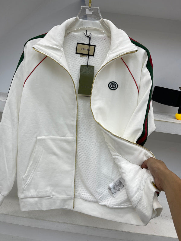 Front view of Gucci luxury clothing with label-forward styling