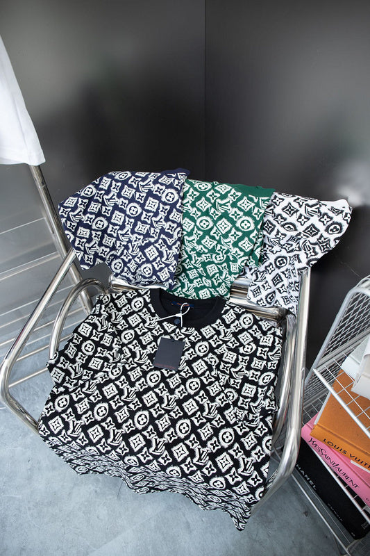 Close-up detail shot of Louis Vuitton cotton t-shirt with monogram-inspired silhouette