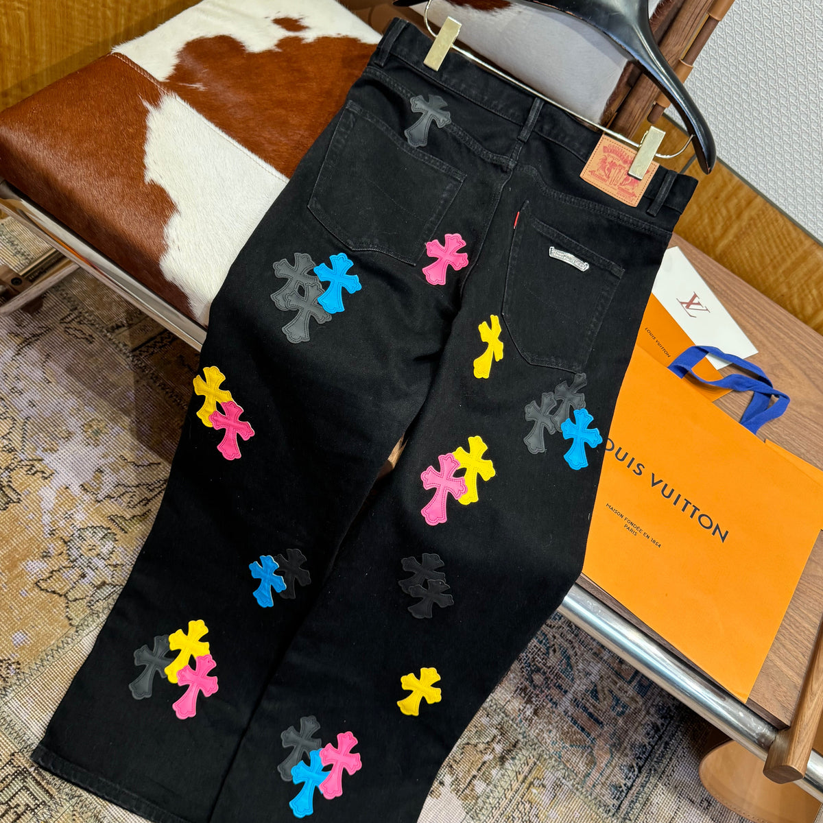 Front view of Chrome Hearts premium Jeans with iconic logo hardware
