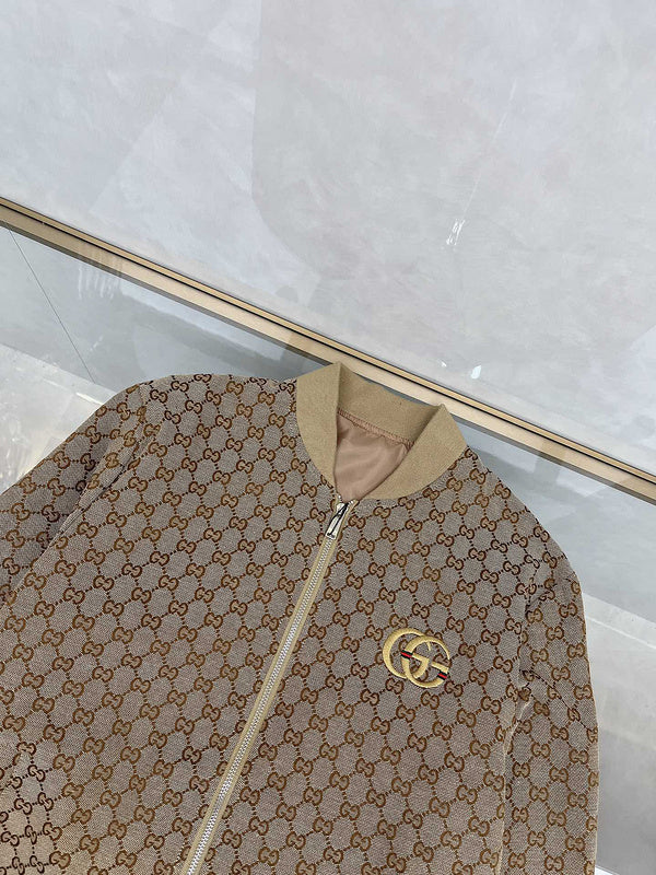 Side profile of Gucci luxury clothing with monogram-inspired silhouette