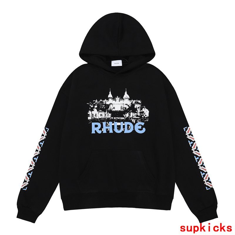 Front view of Rhude luxury clothing with signature branding