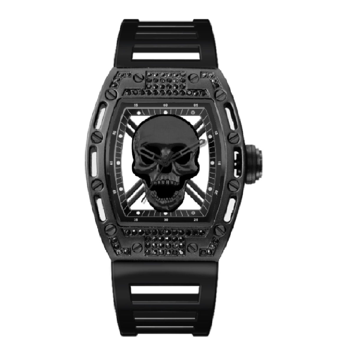 Close-up detail view of Ed Hardy men's black watch