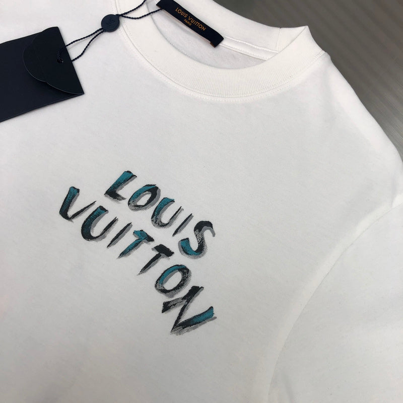 Close-up detail shot of Louis Vuitton cotton t-shirt with label-forward styling