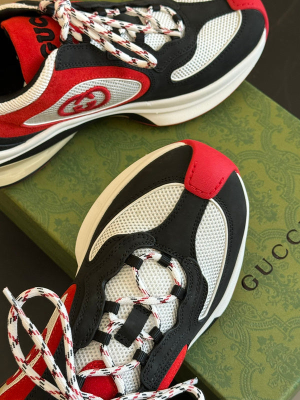 Side profile of Gucci muted earth tones sneakers cushioned comfort fit