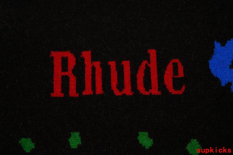 Close-up detail shot of Rhude luxury clothing with logo-detail design