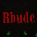 Close-up detail shot of Rhude luxury clothing with logo-detail design