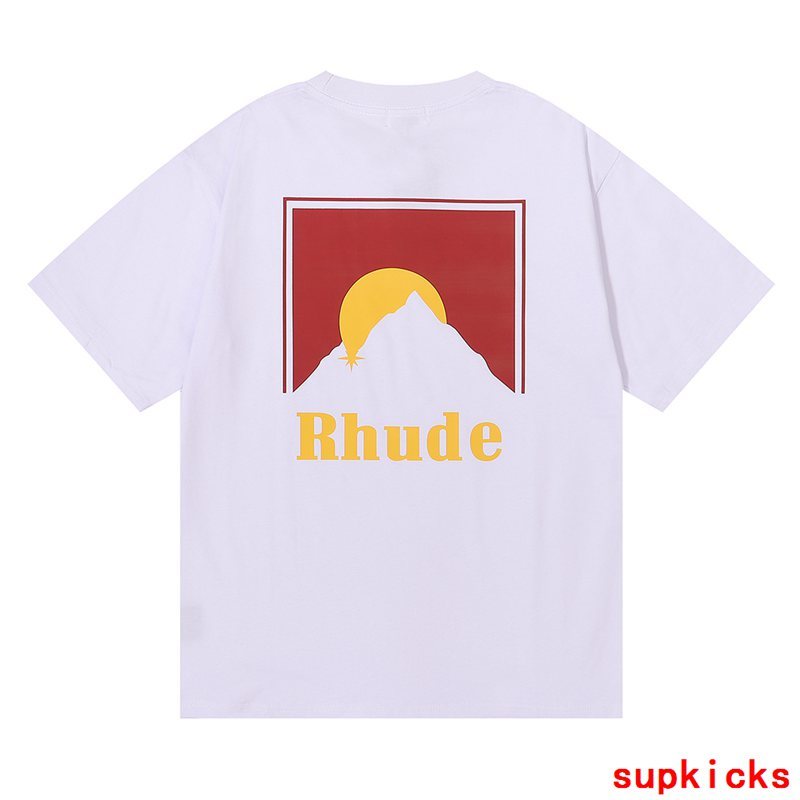 Flat lay presentation of Rhude luxury clothing with streetwear-inspired cut