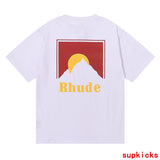 Flat lay presentation of Rhude luxury clothing with streetwear-inspired cut